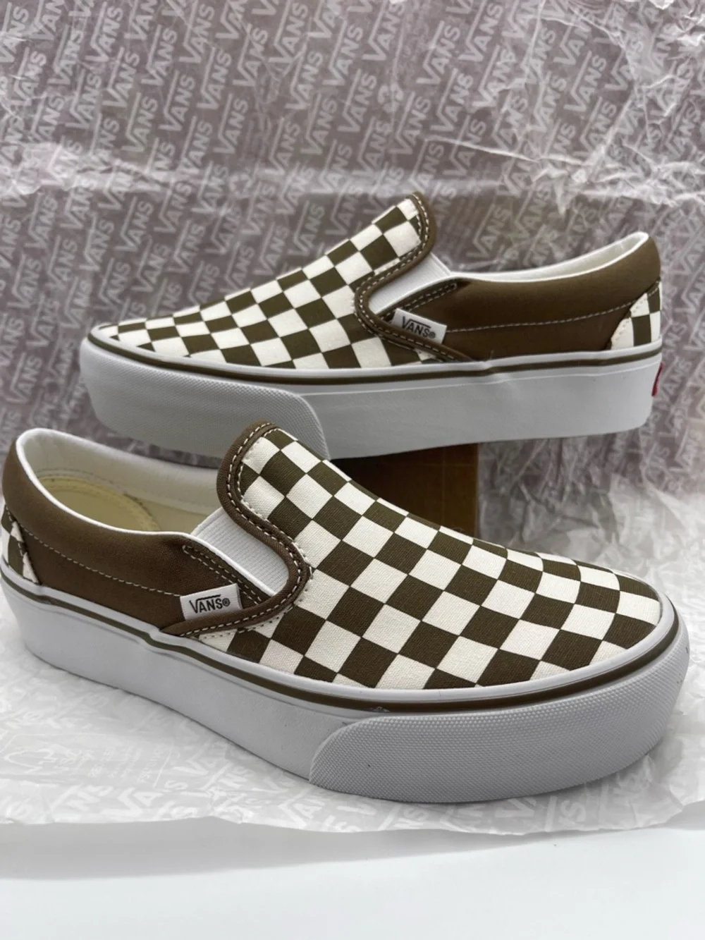 Vans Slip-On Platform Sneakers Checkerboard Sepia Brown VN00018E0E0 New